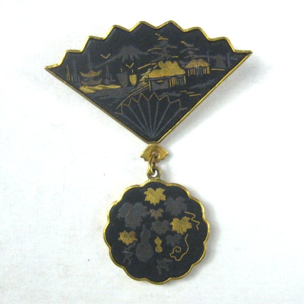 Vintage Damascene Fan Brooch Dangling Floral Charm Japan Statement  Mt Fuji